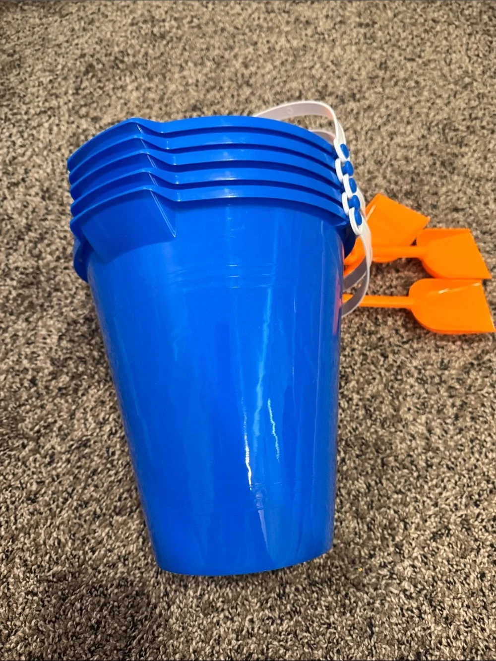 Five Blue Plastic Beach Bucket Set with Orange Shovels - Unbranded
